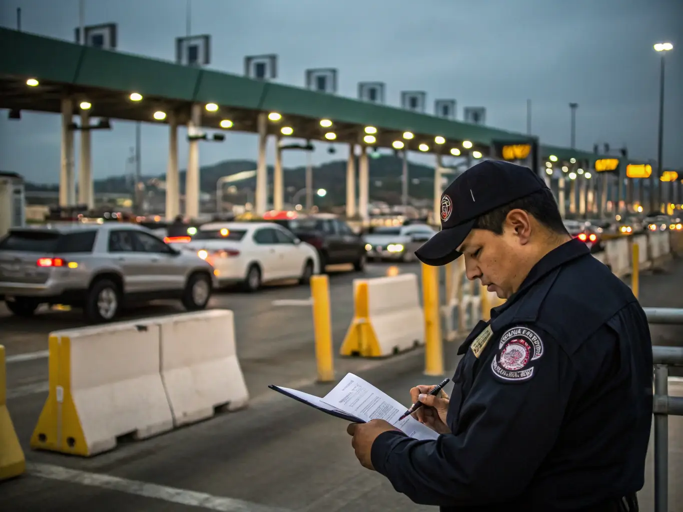 A customs officer inspects vehicle documentation at an international border crossing, with a line of cars waiting to be processed. The image highlights the importance of compliance and expertise in international trade regulations.