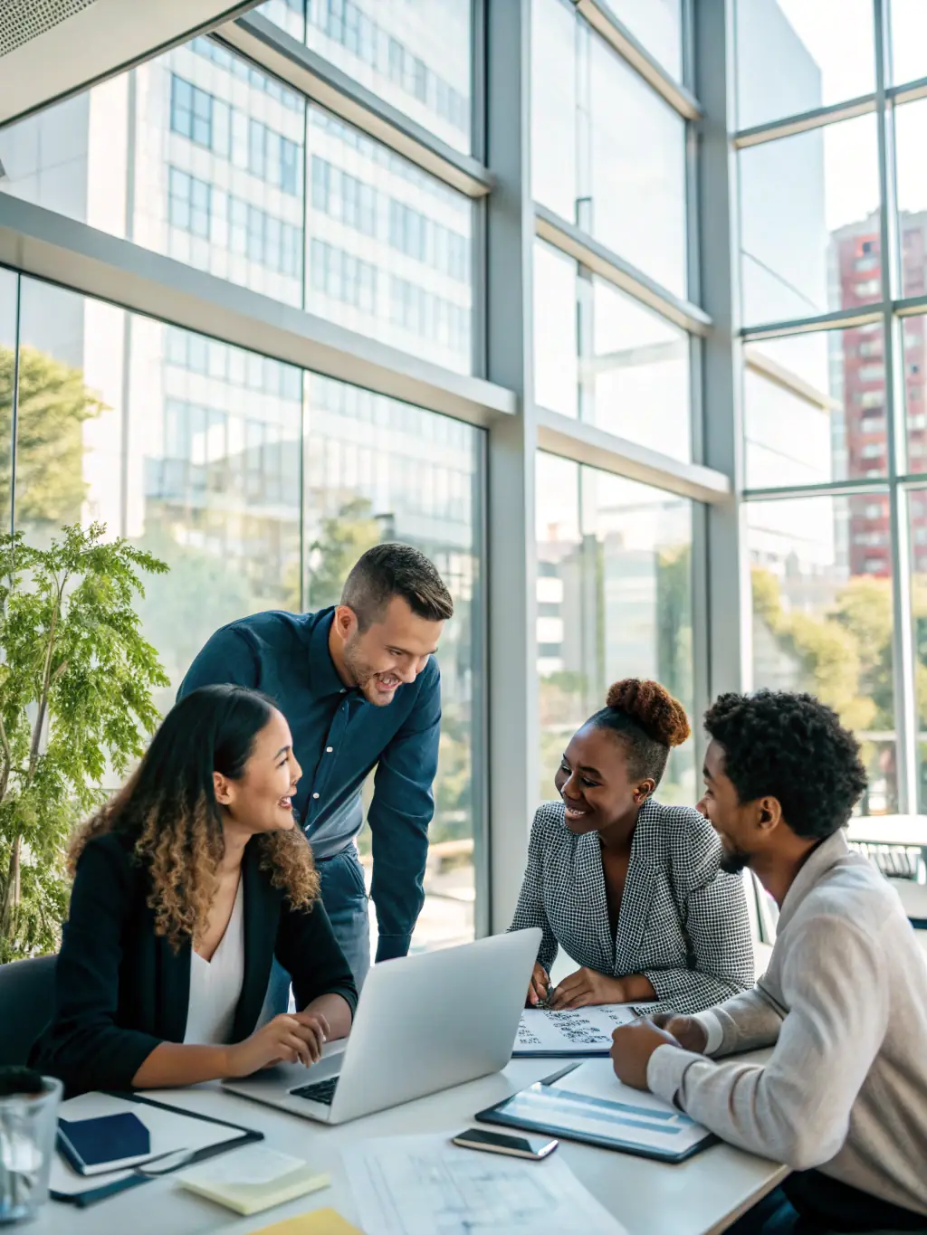 A professional photo of a diverse team of logistics experts collaborating in a modern office setting, symbolizing Garum Enterprise's commitment to teamwork and expertise.
