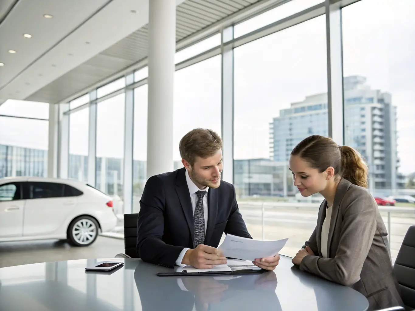 A professional agent assisting a client with vehicle import paperwork in a modern office setting, symbolizing expert guidance.
