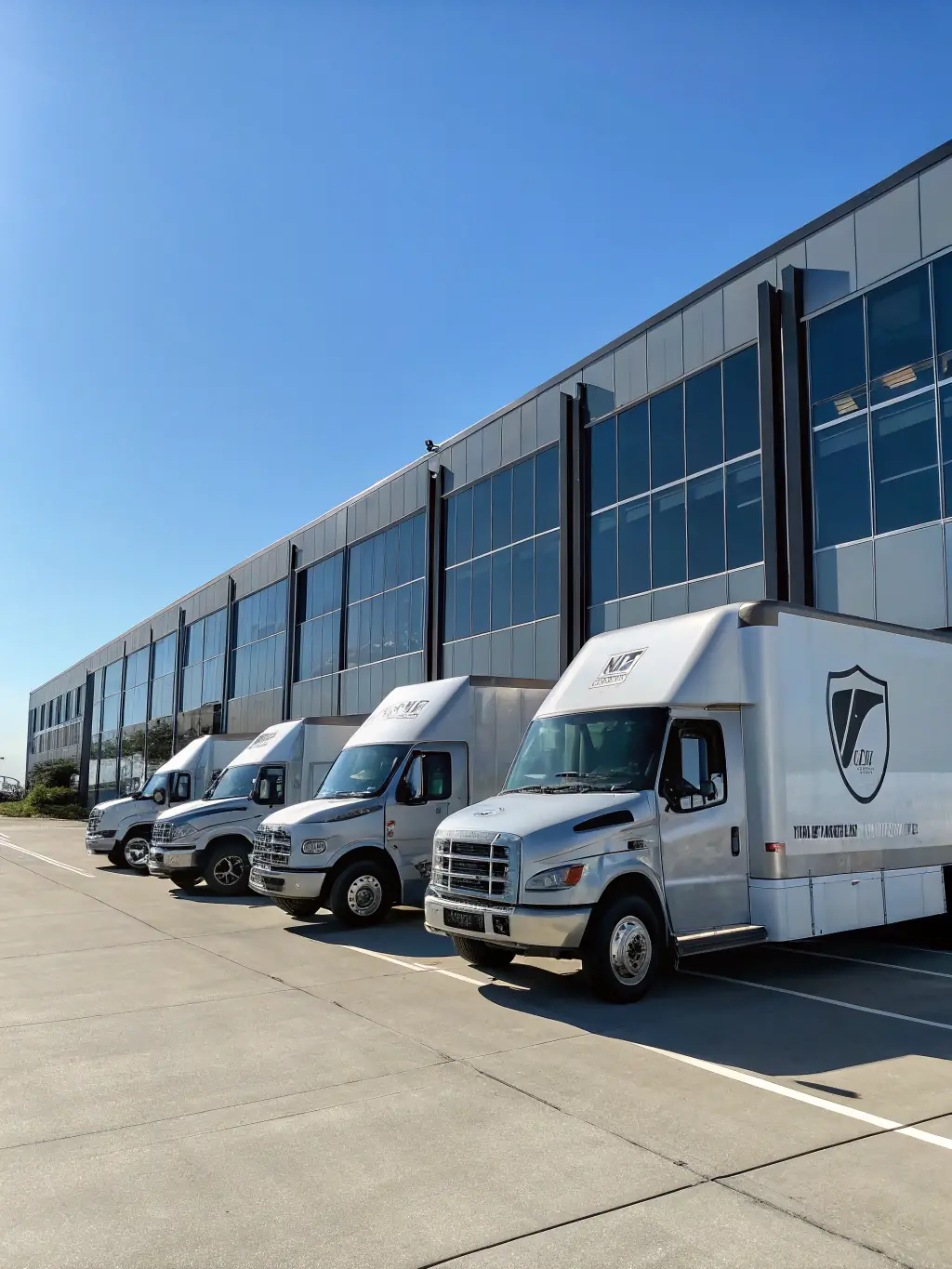 A fleet of commercial vans parked in a distribution center, ready for business use, symbolizing business vehicle imports.