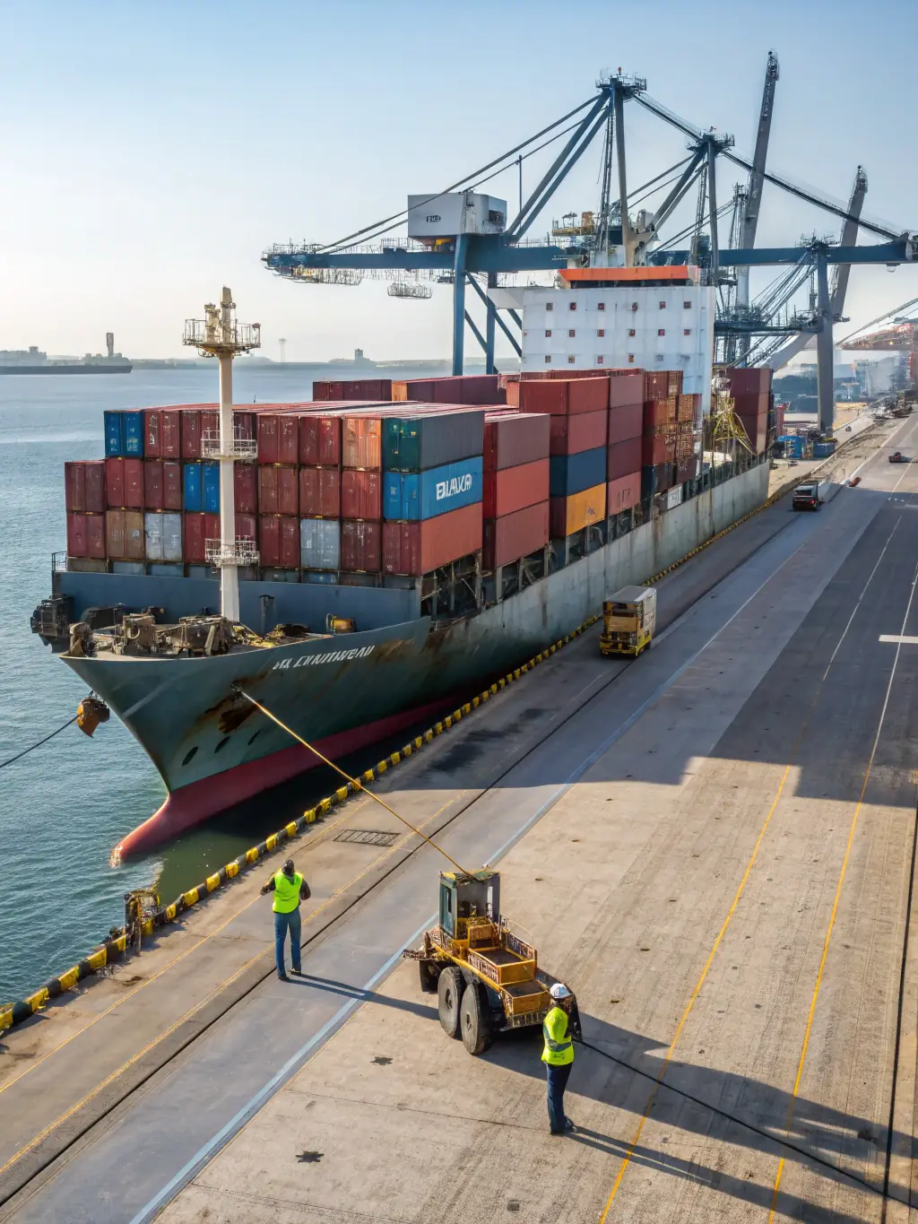 A modern sedan being unloaded from a cargo ship at a bustling port, representing individual vehicle imports.