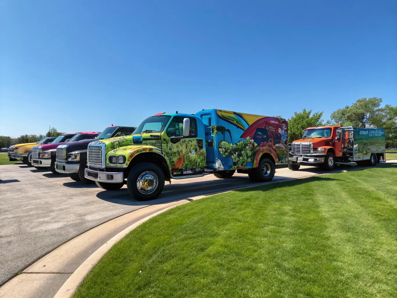 A diverse fleet of vehicles, including electric cars, luxury sedans, and heavy-duty trucks, are displayed at a vehicle distribution center, ready for international export. The image showcases the wide range of vehicles handled by Garum Enterprise.