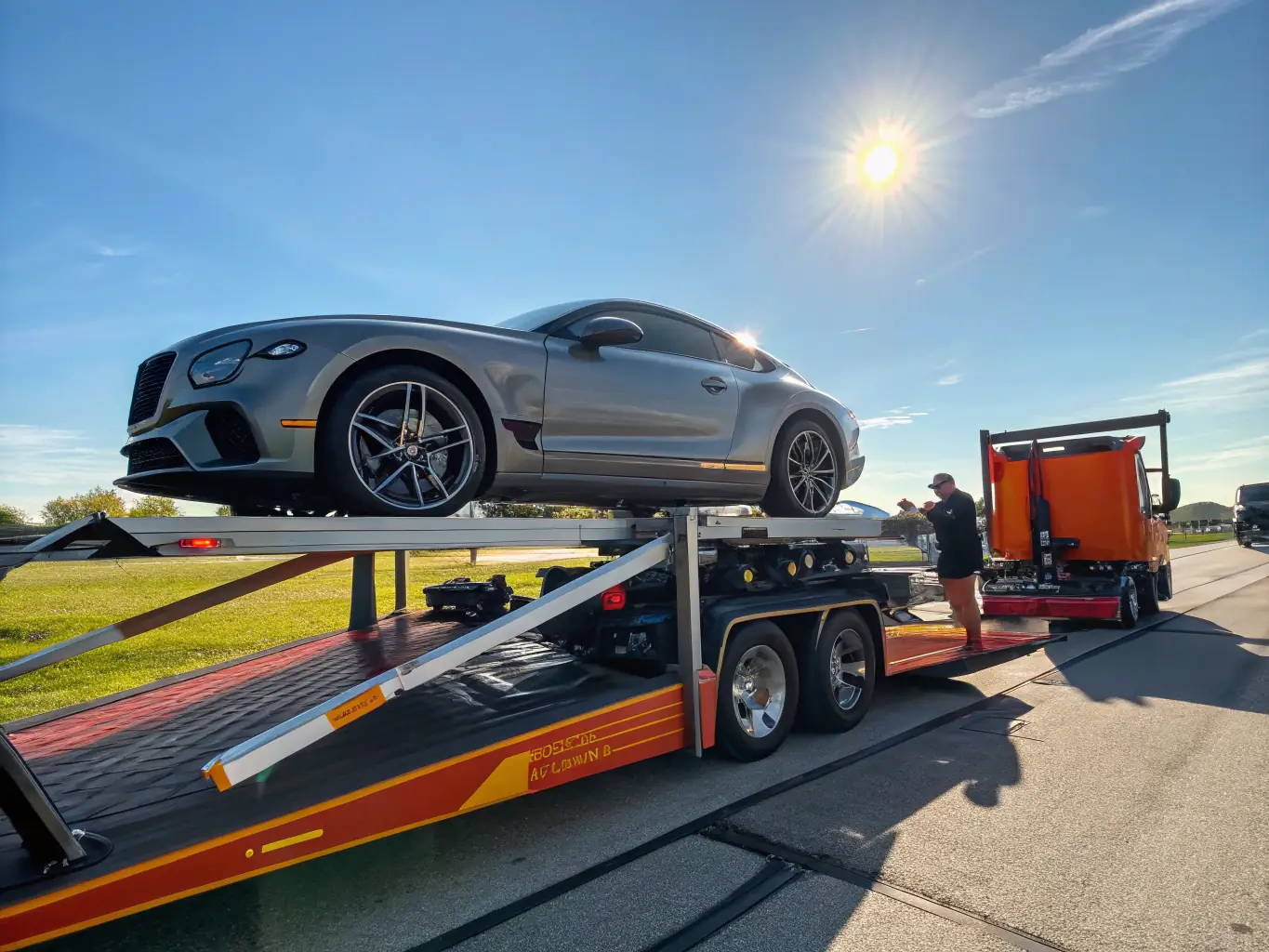 An image of a luxury car being carefully loaded onto a transport ship, emphasizing the care and security provided during the import process.